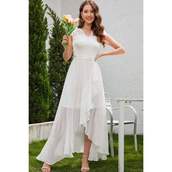 Women's White V-Neck  Hi-Lo Floral Lace Prom Cocktail Party Formal Dress - Picture 4 of 7